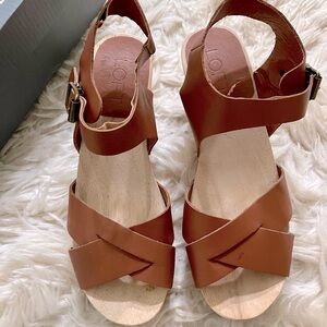 LOFT Swedish Clogs, size 6.5, cognac with wood soles